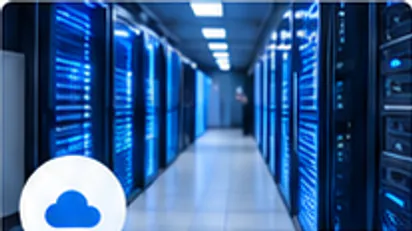 A blue-lit aisle between server racks in a data centre.