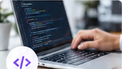 Hands working on a laptop that displays code and an AI workflow diagram.