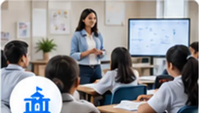 A teacher uses an interactive display to explain the Earth to students in a classroom.
