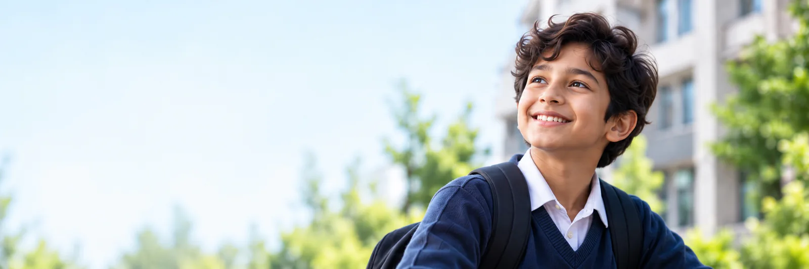 A young learner looking toward the future on a bright campus.