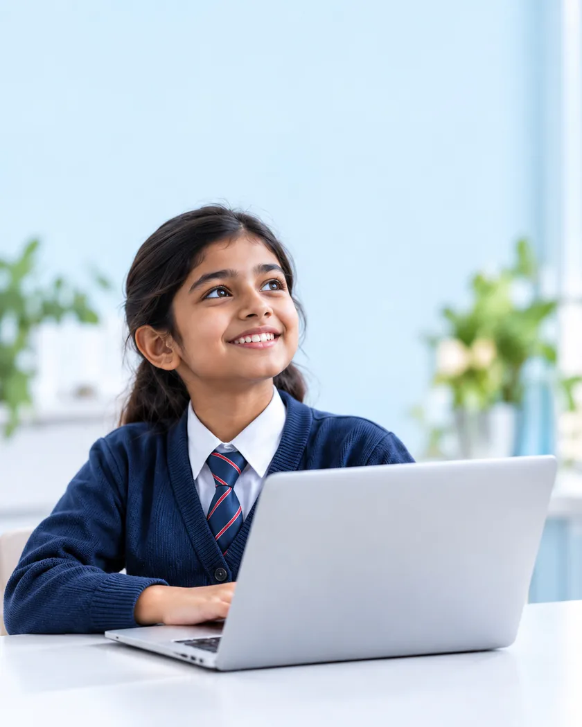 A learner looking up from her laptop