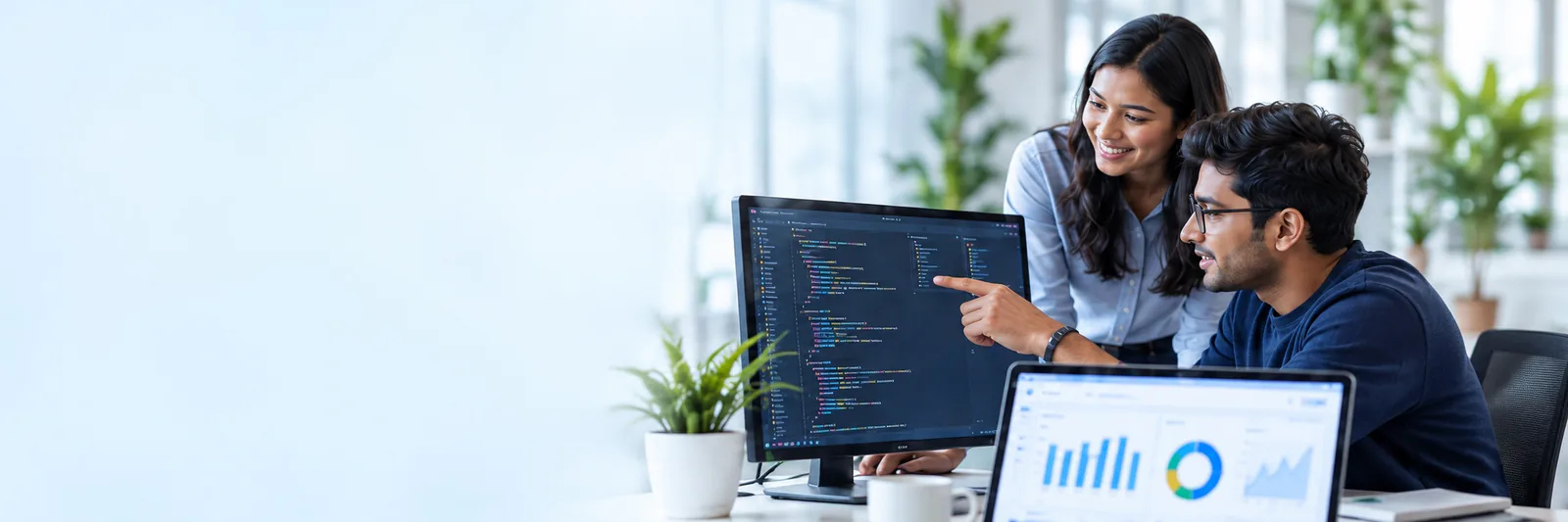 Two software professionals discussing an application in a bright workspace.